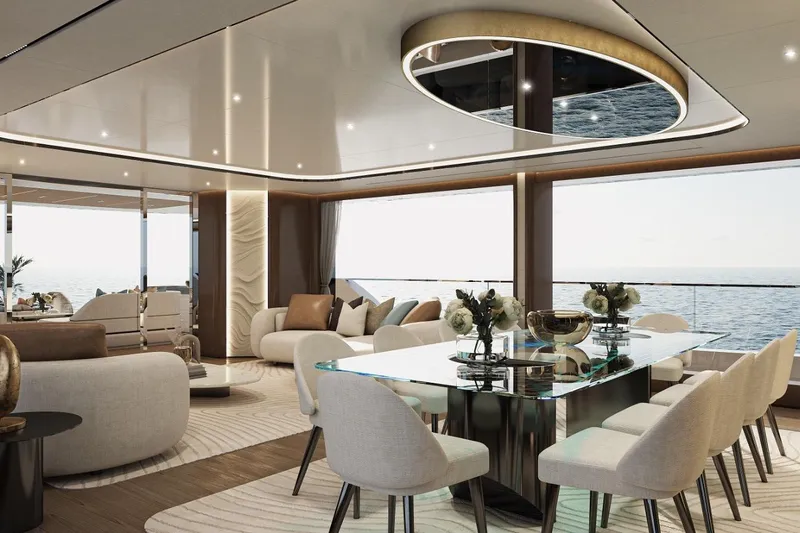  Yacht Photos Pics Luxurious interior of 2027 KRC Yachting Dora, featuring elegant dining and seating areas with ocean views.
