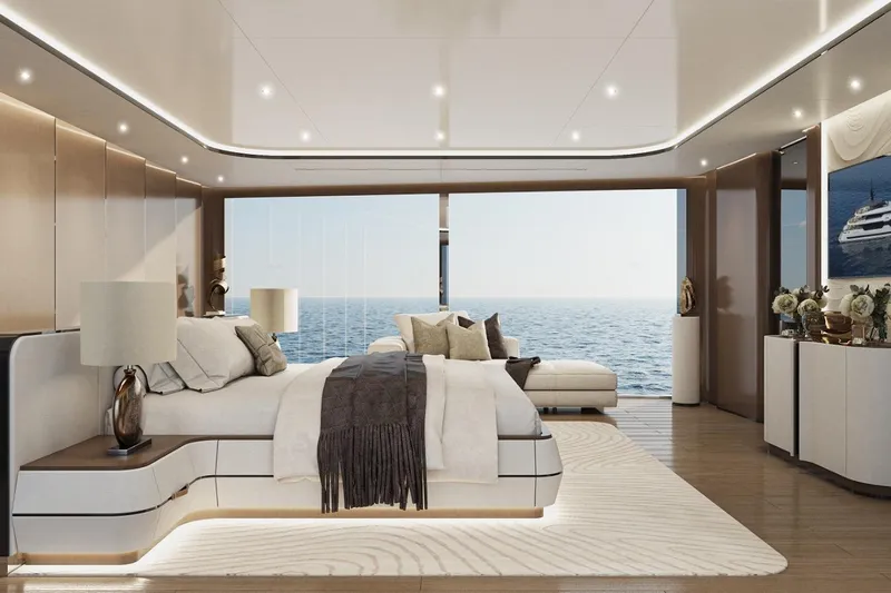  Yacht Photos Pics Luxurious bedroom interior on KRC Yachting's 2027 Dora model, featuring ocean views and elegant decor.