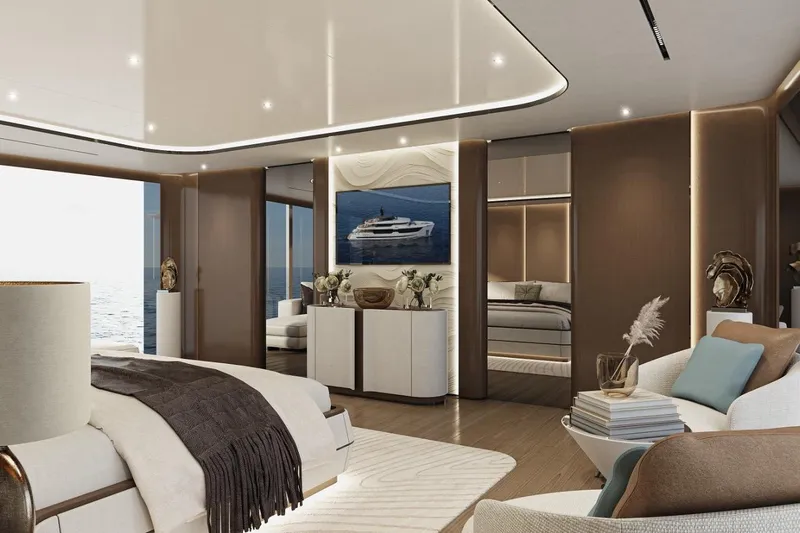  Yacht Photos Pics Luxurious interior of 2027 KRC Yachting Dora, featuring elegant bedroom and ocean view.