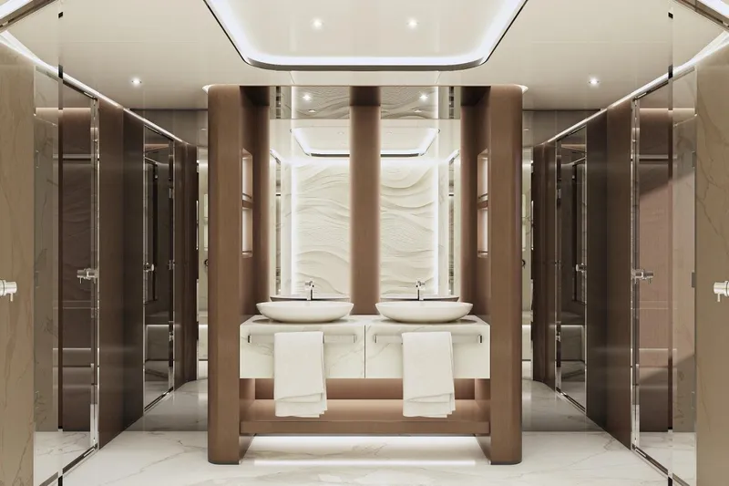  Yacht Photos Pics Luxurious yacht bathroom with dual sinks, modern design, and elegant lighting, KRC Yachting Dora 2027.