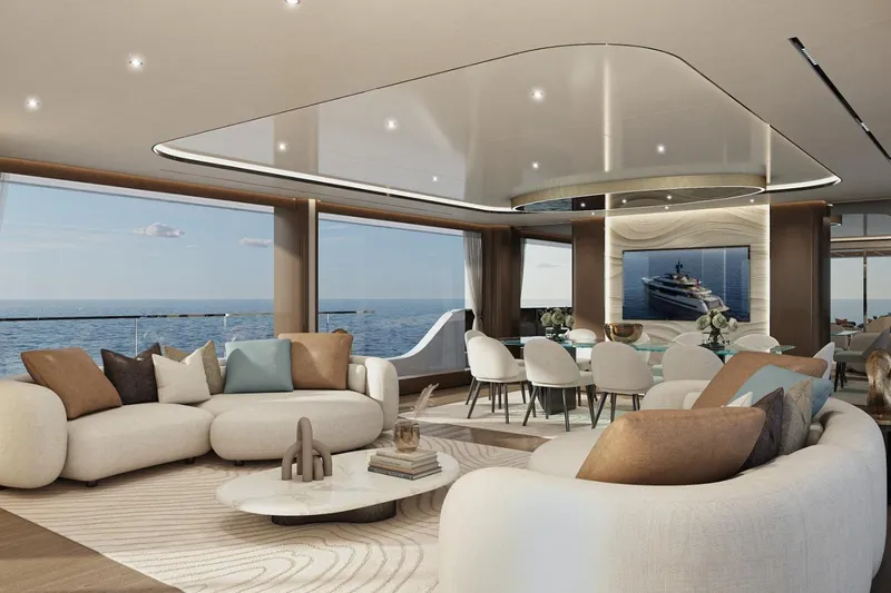  Yacht Photos Pics Luxurious interior of 2027 KRC Yachting Dora, featuring elegant seating and ocean views.