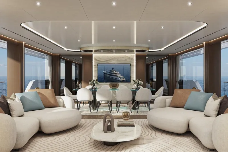  Yacht Photos Pics Luxurious interior of 2027 KRC Yachting Dora, featuring elegant seating and ocean views.