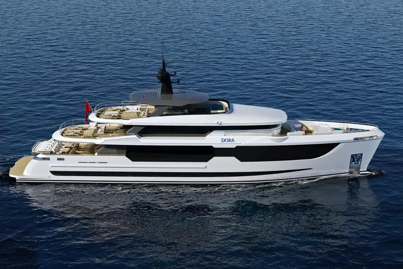  Yacht Photos Pics Luxurious 2027 KRC Yachts Dora cruising on open sea, showcasing sleek modern design.