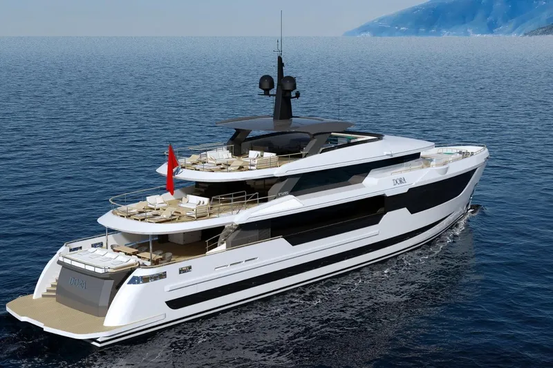  Yacht Photos Pics Luxurious 2027 KRC Yachts Dora model cruising on open sea, showcasing sleek design and elegance.