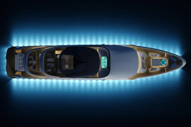  Yacht Photos Pics Aerial view of illuminated 2027 KRC Yachts Dora, showcasing sleek design and vibrant lighting.