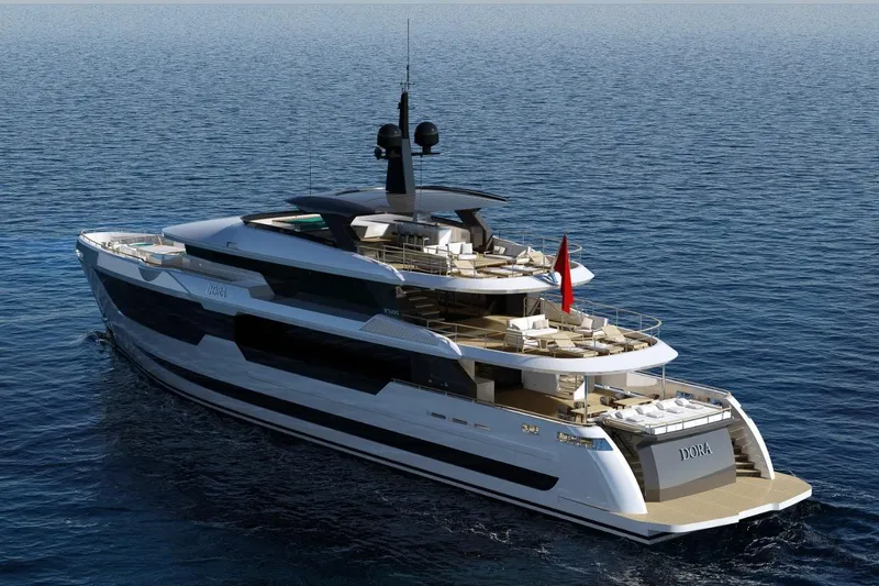  Yacht Photos Pics Luxurious 2027 KRC Yachts Dora cruising on open sea, showcasing elegant design and spacious decks.