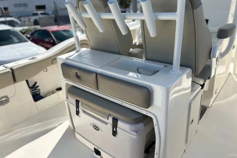 Yacht Photos Pics 2023 Key West 263 FS boat interior with seating and storage features.