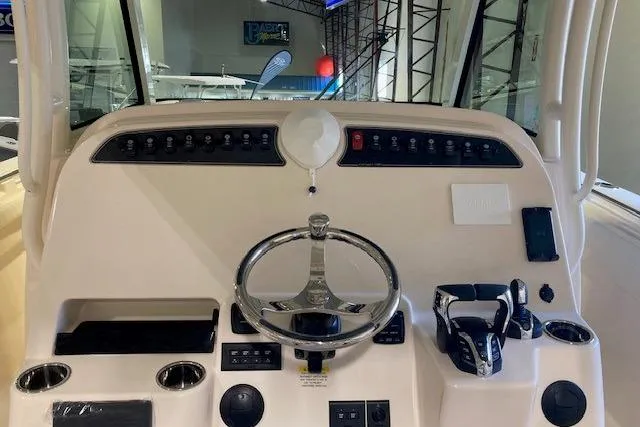  Yacht Photos Pics 2026 Grady-White Canyon 336 helm with modern controls and steering wheel.