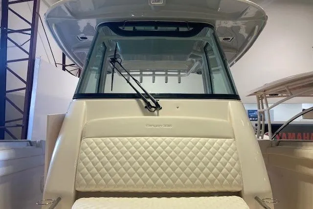  Yacht Photos Pics 2026 Grady-White Canyon 336 boat interior with quilted seating and windshield.