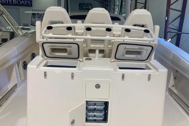  Yacht Photos Pics 2026 Grady-White Canyon 336 boat interior with seating and storage compartments.