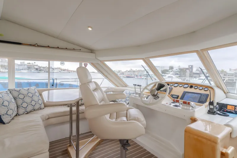 Silvius Brabo Yacht Photos Pics Interior of 2000 Navigator 53 Classic yacht with helm, seating, and panoramic windows.