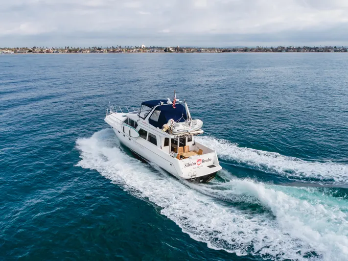 Silvius Brabo Yacht Photos Pics Navigator 53 Classic yacht cruising on open water, 2000 model, with scenic coastline in background.