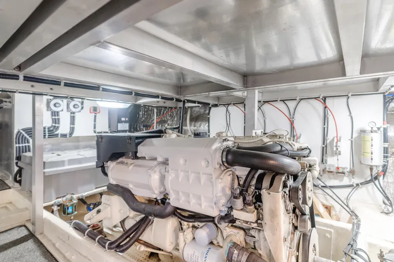 Silvius Brabo Yacht Photos Pics Engine room of 2000 Navigator 53 Classic yacht, showcasing mechanical components and wiring.