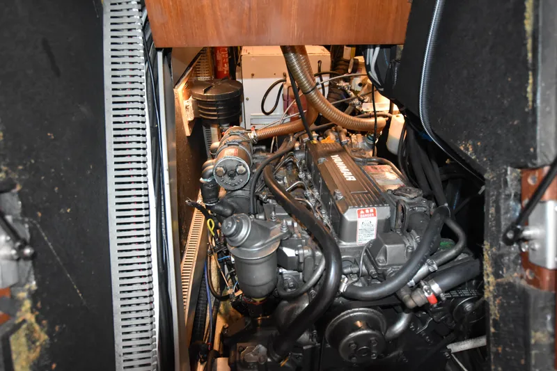 Artemis Yacht Photos Pics Engine compartment of a 2004 Beneteau 57 sailboat, featuring a Yanmar engine.
