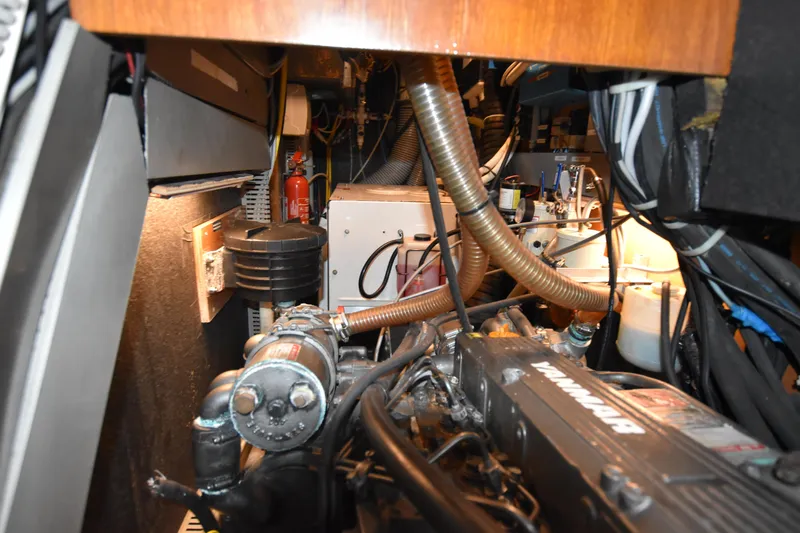 Artemis Yacht Photos Pics Engine room of a 2004 Beneteau 57 yacht, featuring Yanmar engine components.