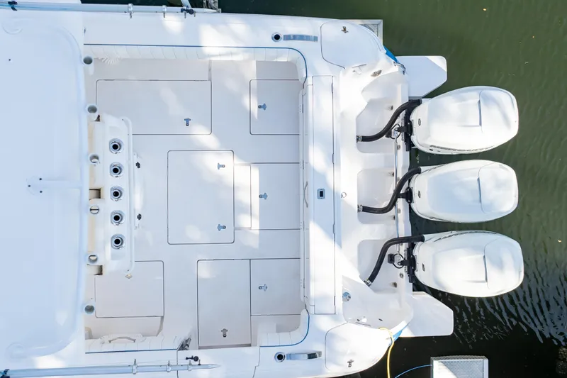  Yacht Photos Pics Overhead view of 2019 Intrepid 407 Cuddy boat with triple outboard engines.