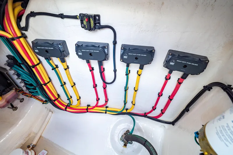  Yacht Photos Pics Color-coded wiring and fuse holders in a 2019 Intrepid 407 Cuddy boat.
