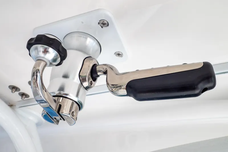  Yacht Photos Pics Close-up of a 2019 Intrepid 407 Cuddy boat handle and latch mechanism.