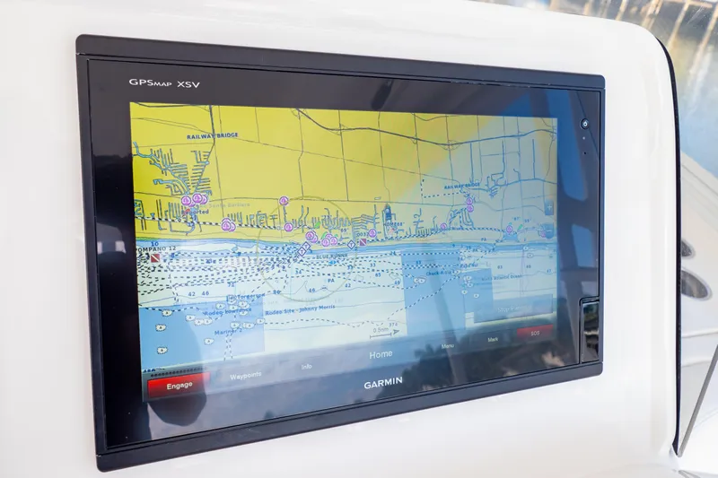  Yacht Photos Pics Garmin GPS display on 2019 Intrepid 407 Cuddy boat, showing navigational map.