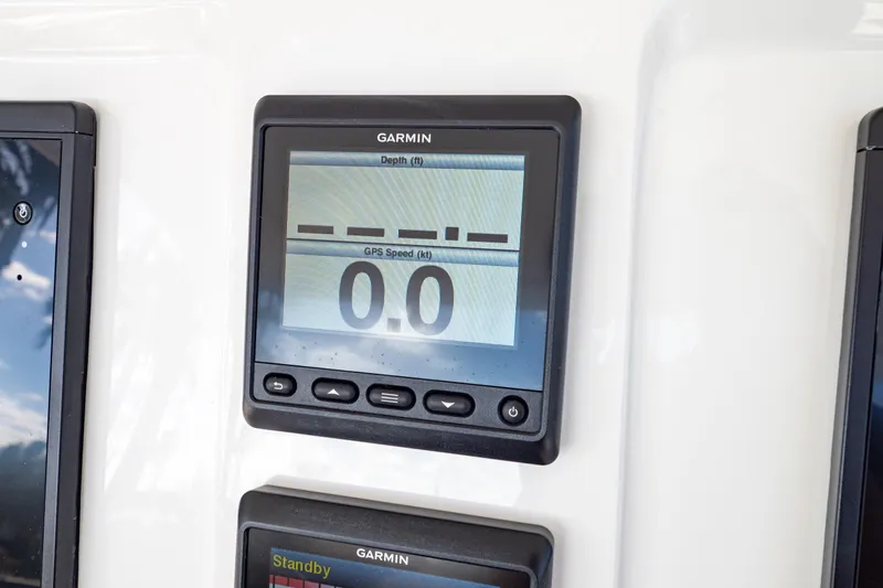  Yacht Photos Pics Garmin GPS display on 2019 Intrepid 407 Cuddy showing speed and depth.