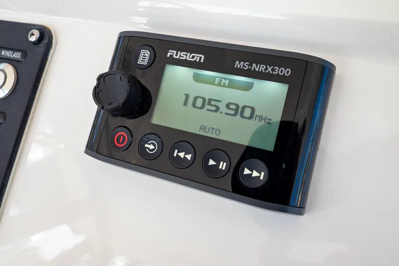 Yacht Photos Pics Fusion MS-NRX300 radio display on 2019 Intrepid 407 Cuddy, tuned to 105.90 MHz FM.