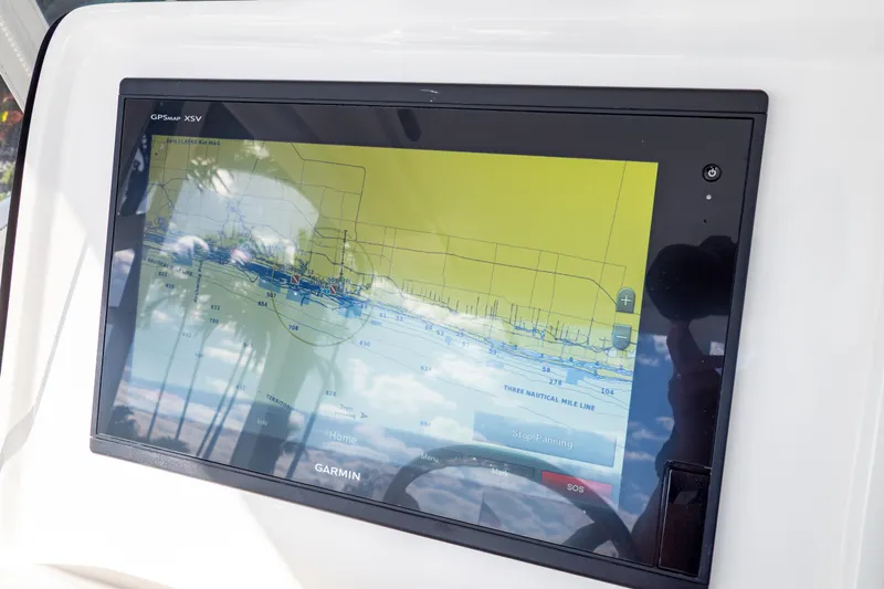  Yacht Photos Pics Garmin GPS display on 2019 Intrepid 407 Cuddy boat, showing nautical map.