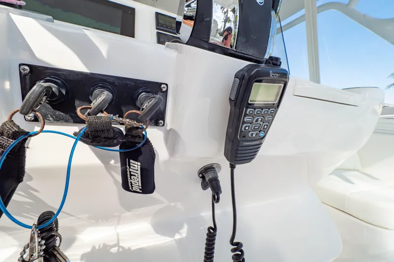  Yacht Photos Pics Control panel and radio on a 2019 Intrepid 407 Cuddy boat.