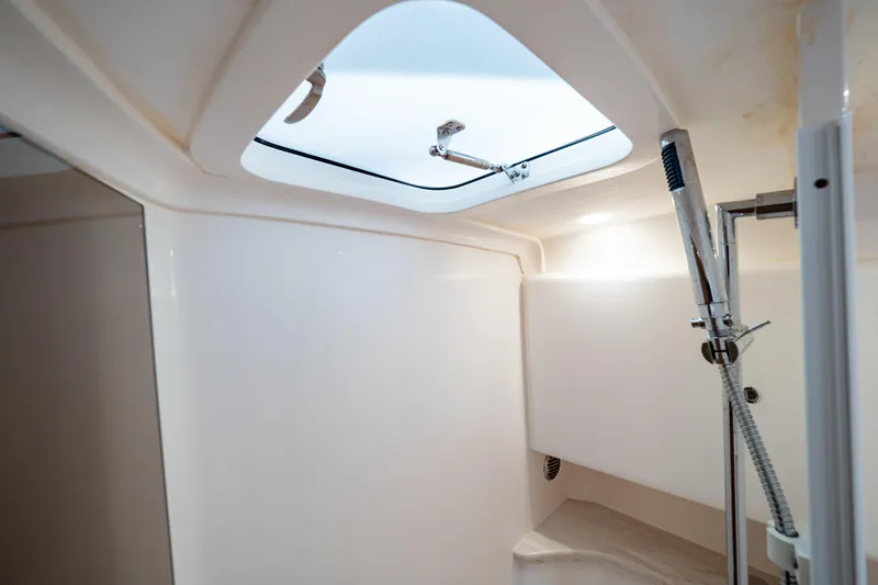  Yacht Photos Pics 2019 Intrepid 407 Cuddy interior shower with skylight and modern fixtures.