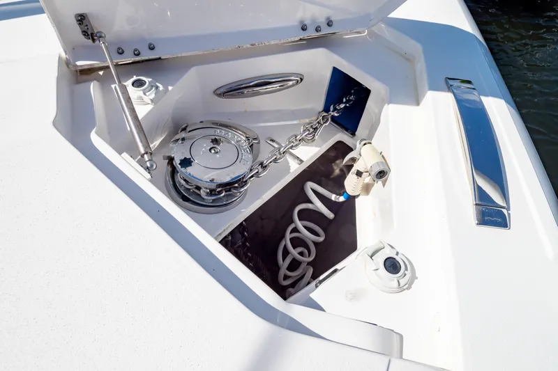  Yacht Photos Pics 2019 Intrepid 407 Cuddy anchor compartment with chain and winch system.