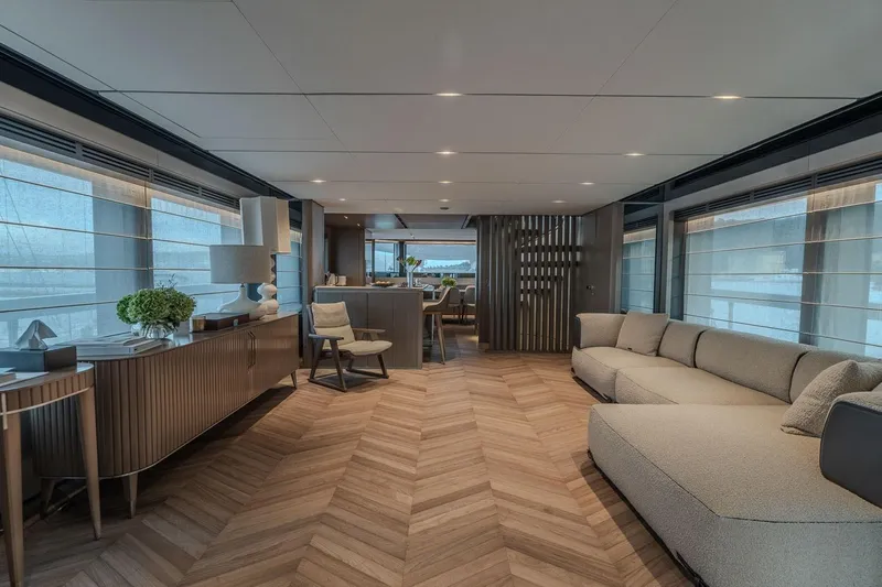  Yacht Photos Pics Luxurious interior of 2025 Ferretti Yachts INFYNITO 90 with modern furnishings and elegant design.