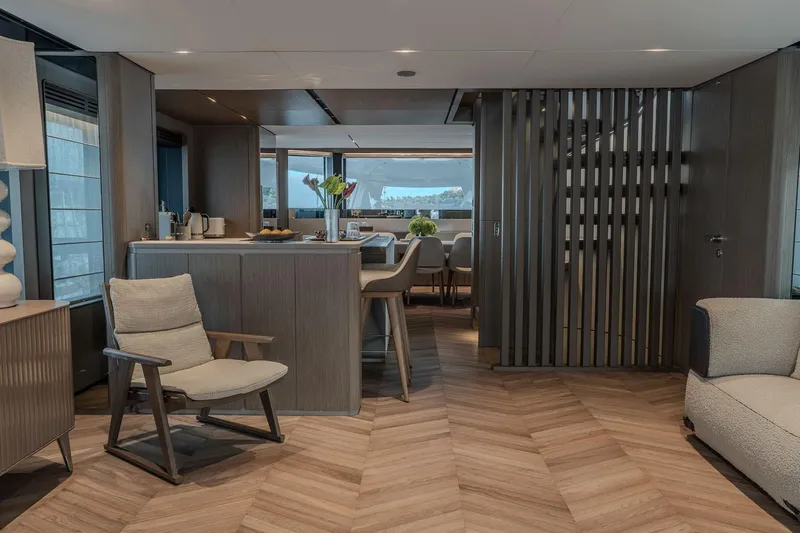  Yacht Photos Pics Luxurious interior of 2025 Ferretti Yachts INFYNITO 90 with modern furnishings and elegant design.