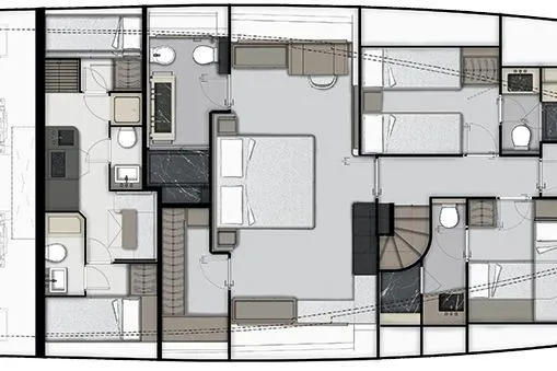  Yacht Photos Pics Floor plan of 2025 Ferretti Yachts INFYNITO 90, showcasing luxurious cabin layout.
