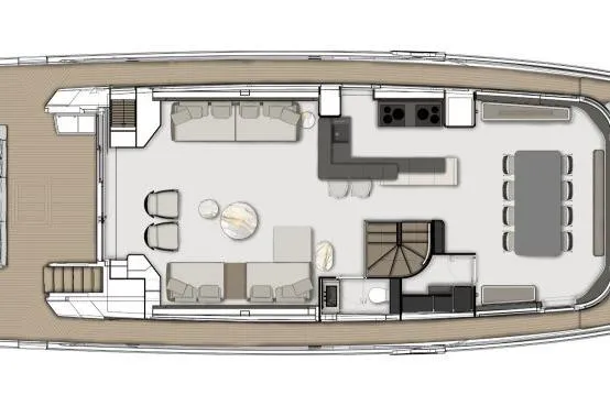  Yacht Photos Pics Floor plan of 2025 Ferretti Yachts INFYNITO 90, showcasing luxurious interior layout.