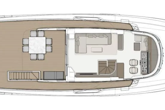  Yacht Photos Pics Top view layout of 2025 Ferretti Yachts INFYNITO 90, featuring spacious deck and interior design.