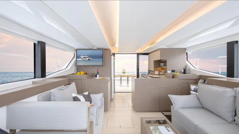  Yacht Photos Pics Luxurious interior of 2025 Leopard 40 Powercat yacht with modern furnishings and ocean view.