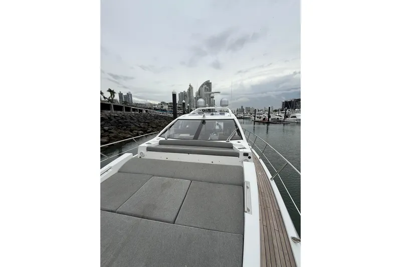  Yacht Photos Pics 2019 Azimut S6 yacht docked in marina, showcasing sleek design and spacious deck.