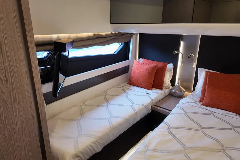  Yacht Photos Pics Luxurious 2019 Azimut S6 yacht cabin with twin beds and modern decor.
