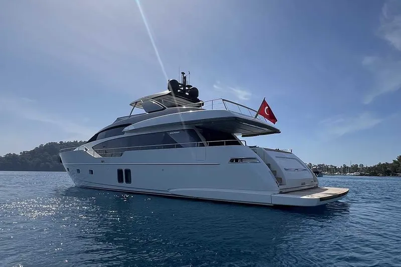  Yacht Photos Pics Luxurious 2019 Sanlorenzo 86 yacht on serene blue waters, featuring sleek design and Turkish flag.