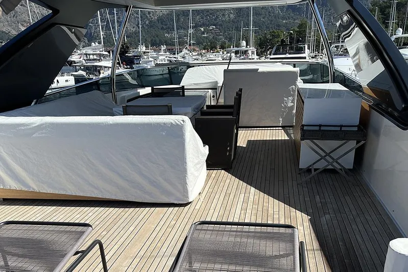  Yacht Photos Pics Luxurious 2019 Sanlorenzo 86 yacht deck with covered seating and scenic marina view.