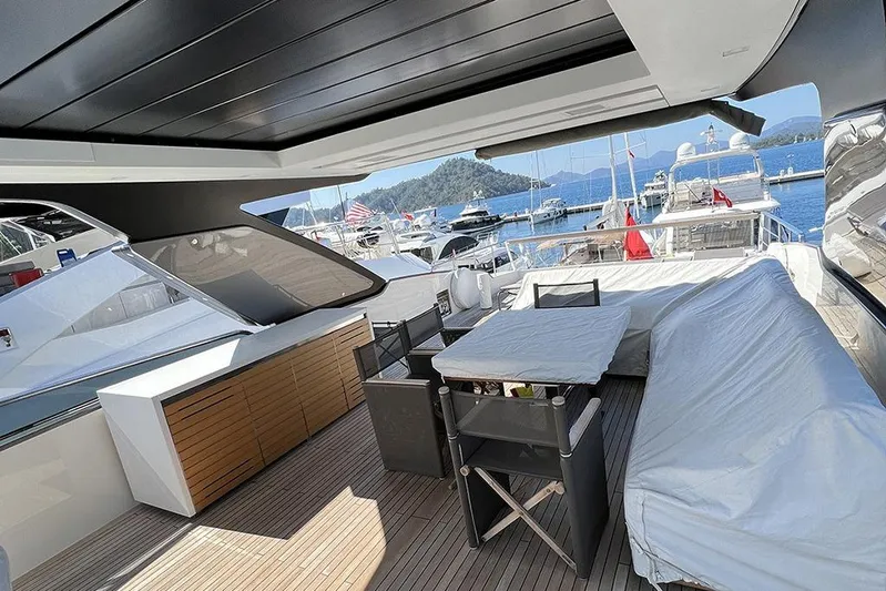  Yacht Photos Pics Luxurious 2019 Sanlorenzo 86 yacht deck with seating, docked at a scenic marina.