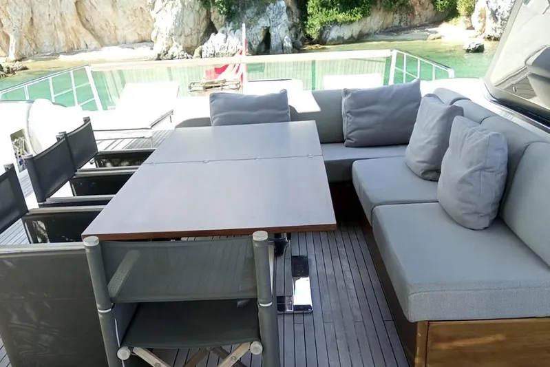  Yacht Photos Pics Luxurious 2019 Sanlorenzo 86 yacht deck with comfortable seating and scenic ocean view.