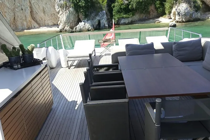  Yacht Photos Pics Luxurious 2019 Sanlorenzo 86 yacht deck with elegant seating and scenic coastal view.