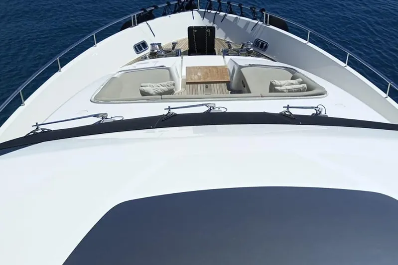  Yacht Photos Pics Luxurious 2019 Sanlorenzo 86 yacht deck with sun loungers and ocean view.