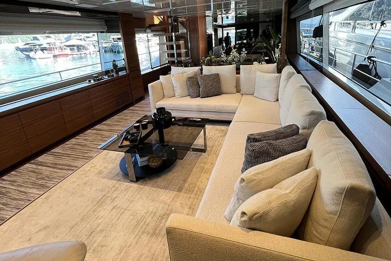  Yacht Photos Pics Luxurious interior of 2019 Sanlorenzo 86 yacht with elegant seating and waterfront view.