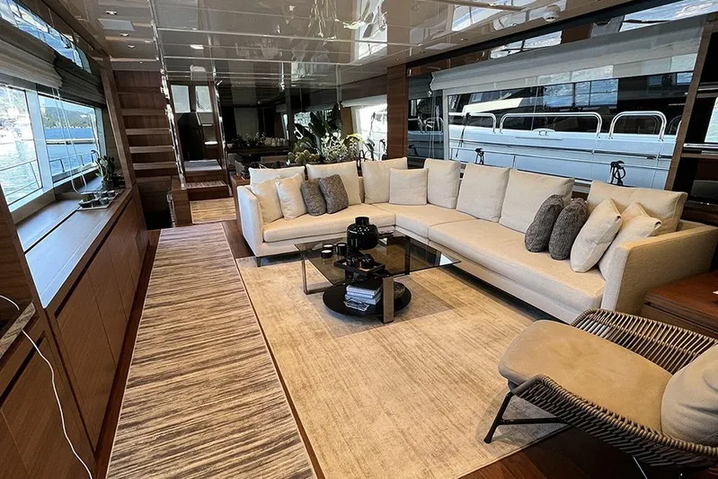  Yacht Photos Pics Luxurious interior of 2019 Sanlorenzo 86 yacht with elegant seating and modern decor.