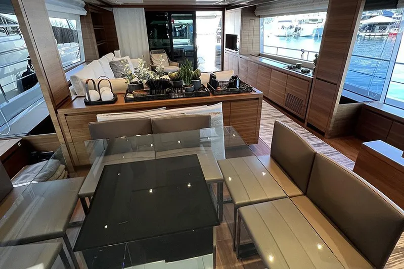  Yacht Photos Pics Luxurious interior of 2019 Sanlorenzo 86 yacht with elegant seating and modern decor.