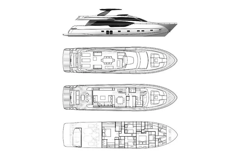  Yacht Photos Pics 2019 Sanlorenzo 86 yacht with detailed floor plans and side profile view.