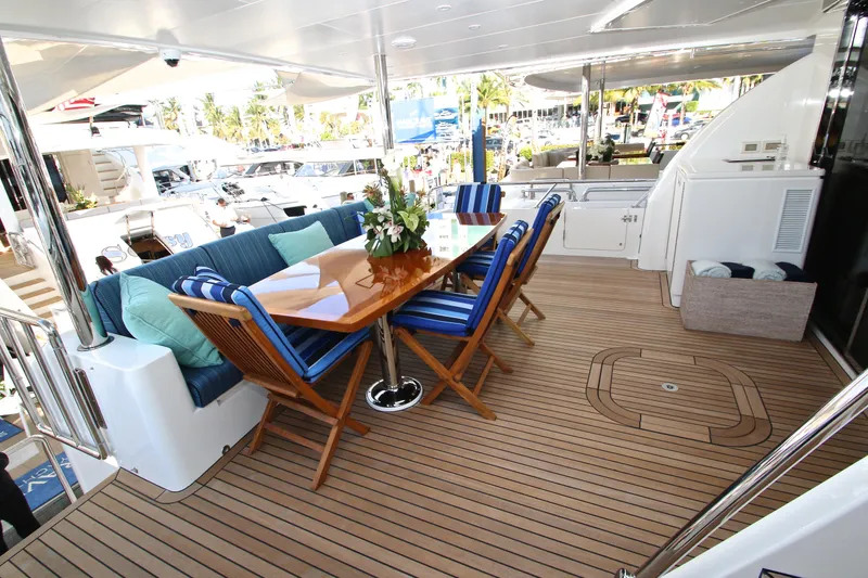 Quit Sun Yacht Photos Pics Luxurious 2015 Hargrave 76 yacht deck with elegant seating and dining area.