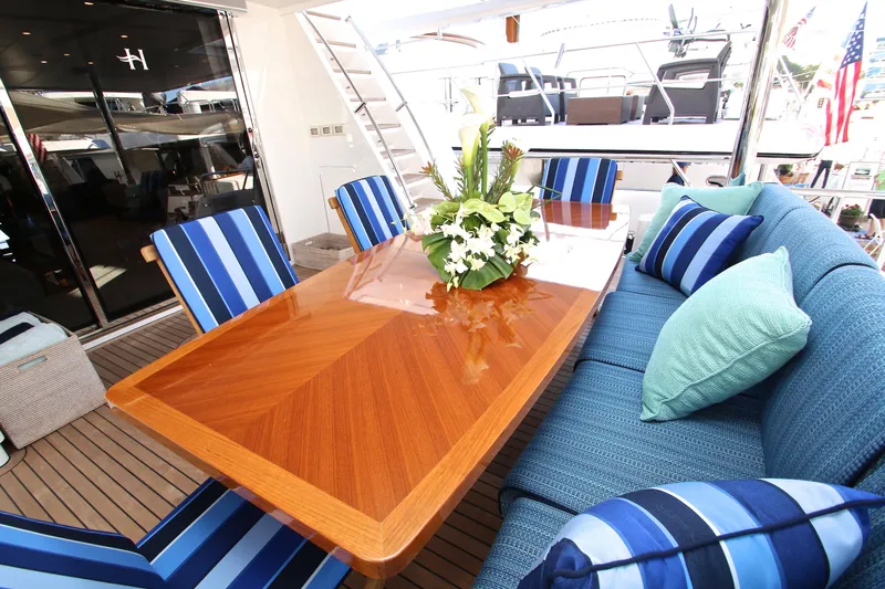 Quit Sun Yacht Photos Pics Luxurious 2015 Hargrave 76 yacht deck with elegant dining area and striped cushions.