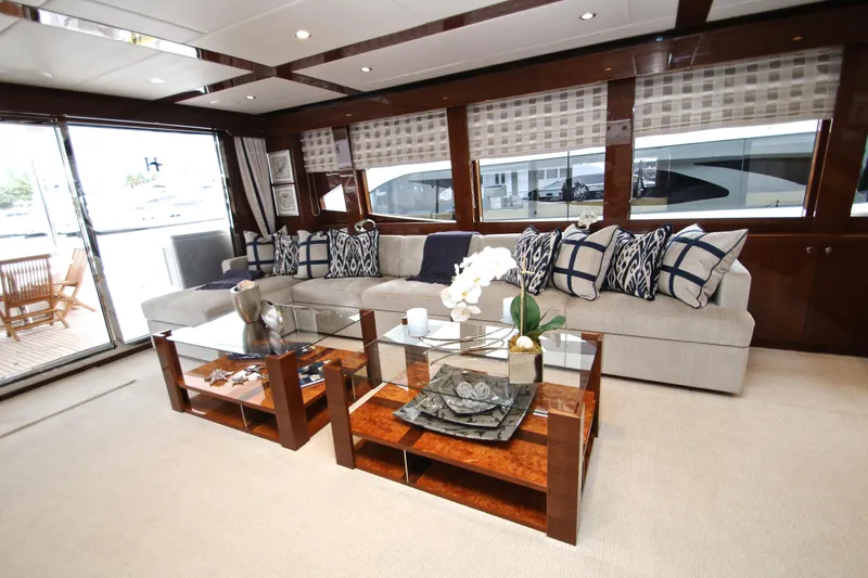 Quit Sun Yacht Photos Pics Luxurious interior of 2015 Hargrave 76 yacht with elegant seating and decor.